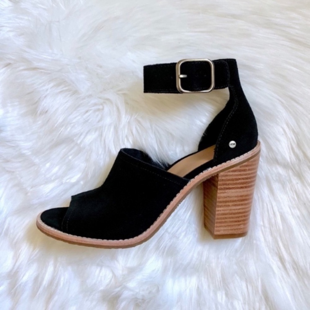 UGG Black Suede Ankle Strap Peep Toe Sandals - Picture 3 of 8